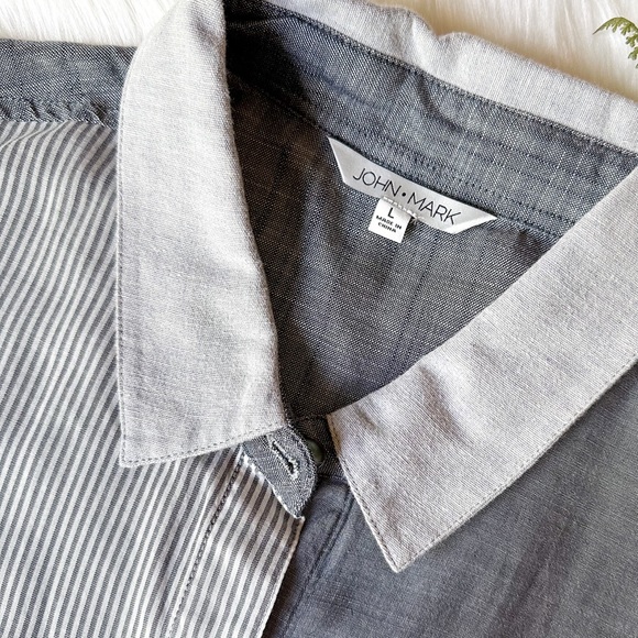 John Mark Gray Oversize Stripe Split Color Block Patchwork Button Up Shirt Top L - Picture 3 of 4